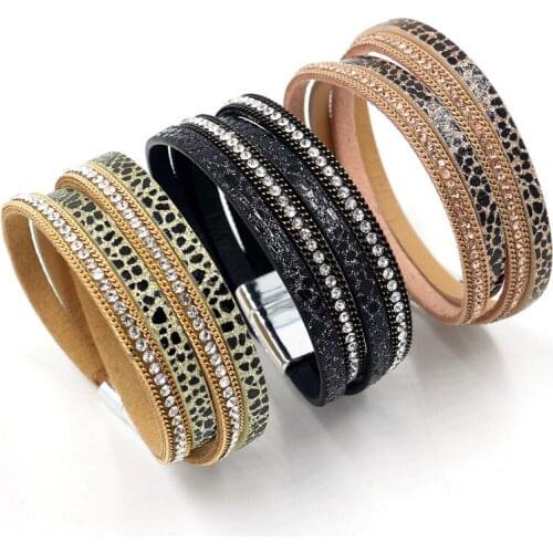 Leather Stick-on Crystals Bracelet Womens New Fashion Chain Magnetic Buckle Multi-Layer Bracelet 3-Color Wholesale Custom