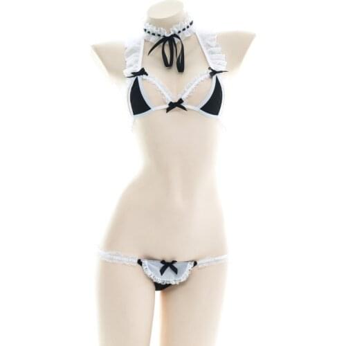 Cute Sexy Girl Open Chest Maid Cosplay Bikini Suit Lolita Lace Chiffon Ruffles Lingerie Pajamas Underwear Set Drop Ship
