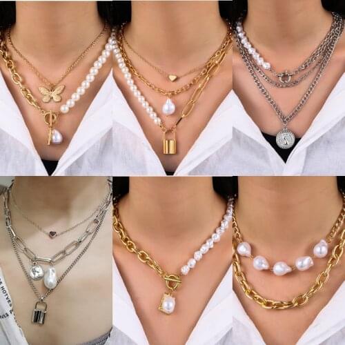 Fashion Multilayer Snake Chain Necklaces & Pendants For Women Girls Vintage Pearl Pendant Necklace Punk Jewelry Accessories 2021