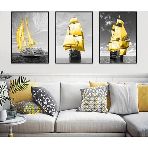 Nordic Poster Black White Sea Canvas Prints Golden Boat Wall Art Painting Decoration Pictures for living Room Modern Home Decor