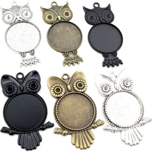 New Fashion 5pcs 25mm Inner Size Antique Silver Plated Black Bronze Owl Cabochon Base Setting Charms Pendant