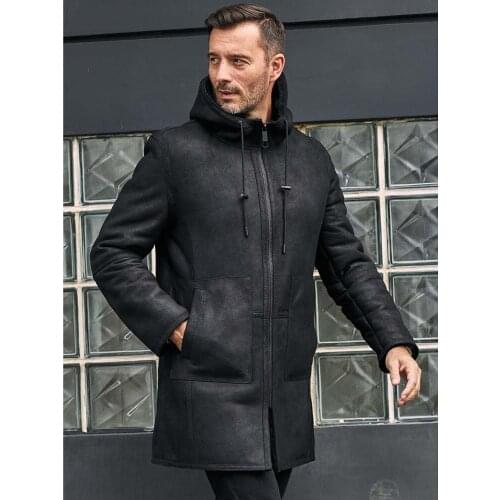 New Mens Sheepskin Shearling Coat Hooded Leather Jacket Long Winter Overcoat Natural Warm Fur Outwear