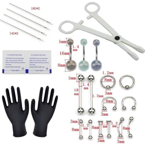1set Disposable Professional Body Piercing Needles Body Piercing Tool Kit Clamp Gloves Tools Ear Tragus Nose Navel Piercing