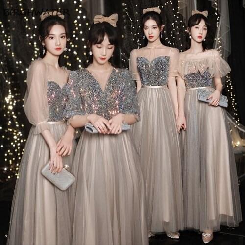 Sequined Bridesmaid Dress New Long Sleeves Sexy Sheer Neck Mismatched Dress Vestidos Autumn Graduation Robes Formal Dresses