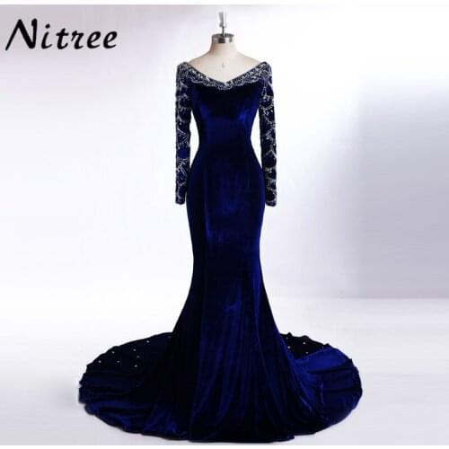 Real Pictures Royal Blue Velvet Mermaid Evening Dress 2017 Crystal Arabic Dubai Long Sleeve Gown Abiye Gala robe de soiree