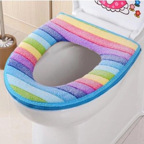 Bathroom Soft Decorative Household Rainbow Toilet Cushion Coral Fleece Warm And Comfortable Dustproof & Self-adhesive