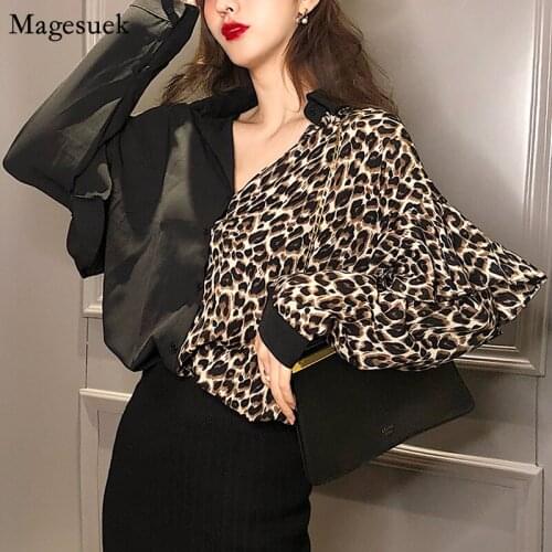 Vintage Cardigan Color Patchwork Shirts Women Casual Turndown Collar Blouse Women Leopard Long Sleeve Sexy Tops Blusas 12050