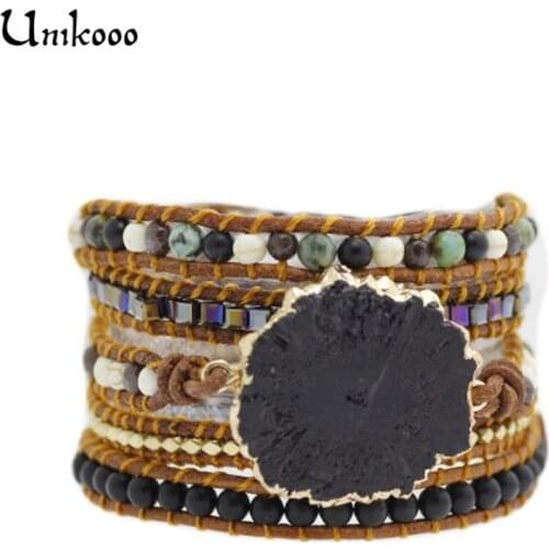 Wax/Leather Wrap Beaded Bracelet 5 Wrap Bracelet with Natural Semi Precious Stone Women Black Druzy Charm Jewelry
