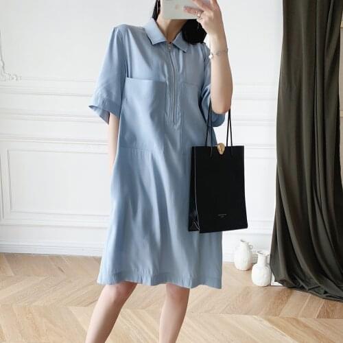 2020 New Light blue shirt straight zipper H-shape casual pocket dress