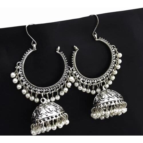 Afghan Big Circle Drop Earrings Pearl Beads Long Tassel Drop Jhumka Indian Earrings Statement Brincos Tribal Wedding Jewelry