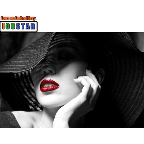 Diamond Embroidered 5D Full Square/Circle Diamond Womans Hat Red Lip Character Diamond Painting Cross-stitch Rhinestone Mosaic