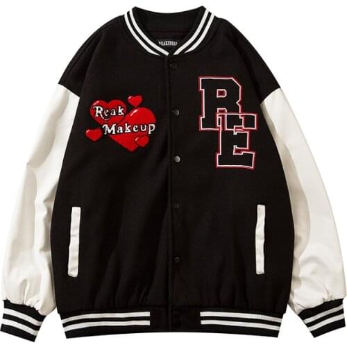 Red Love heart Embroidery Varsity Jacket Men Letter High Street Harajuku Splice Baseball Jackets Men Women Oversized Streetwear