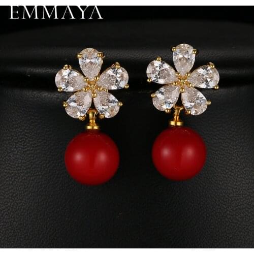 EMMAYA Big Red Earrings Rojos Fashion Jewelry Gold Color Earrings for Women Luxury CZ Flower Earring