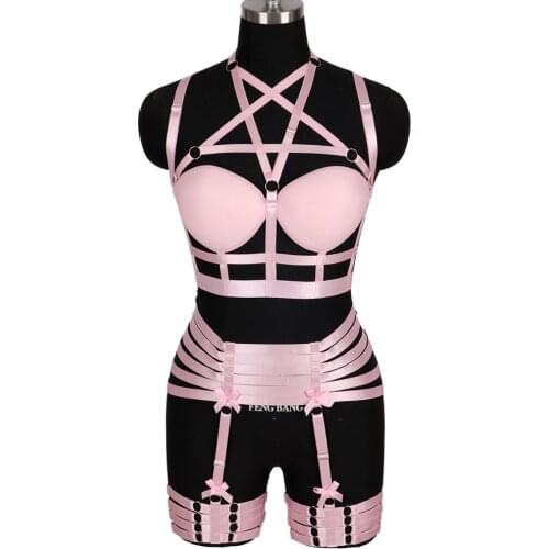 Pink Bra Women Set Cage Breast Full Cup Top Strappy Elastic Festival Rave Sexy Lingerie Belt Garter Body Harness Stockings Bow