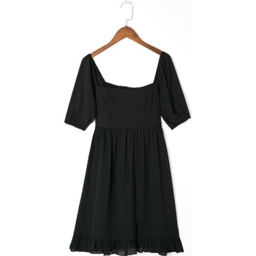 Summer Womens Casual Pure Color Square Collar Short Sleeve Slim Dress