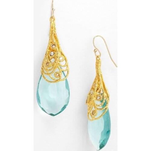 Ofertas Hot Sale Milangirl Trendy Boho Light Blue Water Drop Crystal Women Gold Color Zinc Alloy Metal Earrings