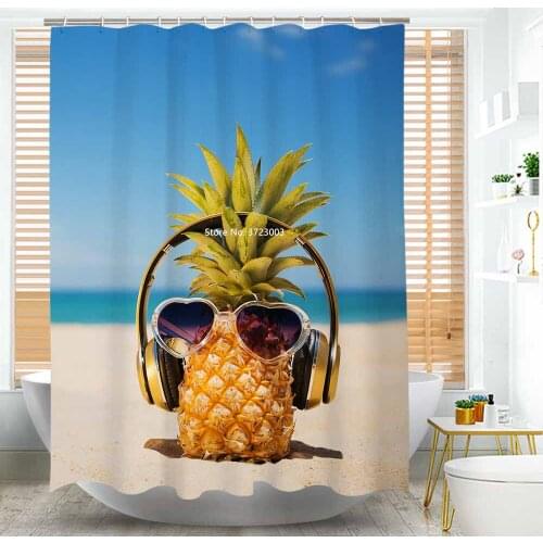 Fashion Shower Curtain with Pineapple, Lemon and Fruit Design, 3D Printing, Waterproof Shower Curtain with Hook