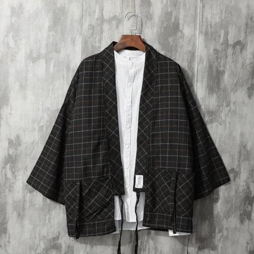 #4227 Spring Summer Plaid Jacket Men Belt Casual Vintage Kimono Jacket Thin Outwerwear Hanfu Coat Loose Retro Mens Jacket Loose