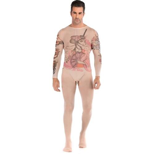 Mens sexy stockings sexy tattoo totem long-sleeved open file one-piece underwear temptation transparent alternative performance
