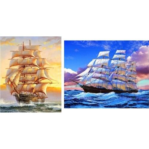 2 Set 5D Diamond Embroidery Boat Landscape Handmade Diamond Painting Landscape Needlework Cross Stitch Home Decoration, 1 Set Sa