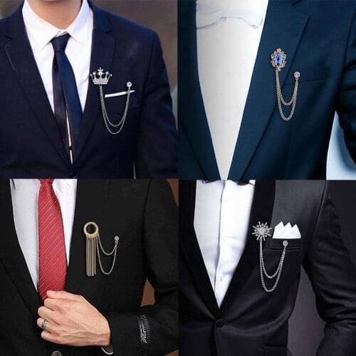 New Fashion Metal Rhine Crystal Brooch Men Suit Collar Pin Black Tassel Corsage Brooches Jewelry Luxury Accessories