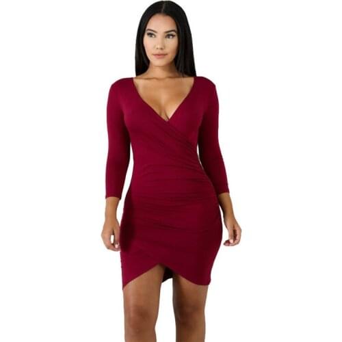 2021 New Dress Solid Color Long Sleeve Club Dress Ladies V-neck Mini Sexy Slim Ladies Dress Nightclub Dress Large Size