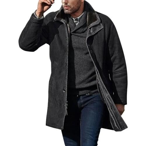 Autumn Winter Mens Coat Vintage Casual Solid Zipper With Pocket Lapel Medium Length Thick Warm Wind-proof Loose Overcoat