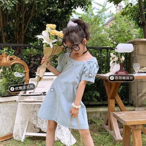 3-8 years old girls dress bubble sleeve denim dresses 2021 summer new fashion cute and beautiful childrens toddler clothing
