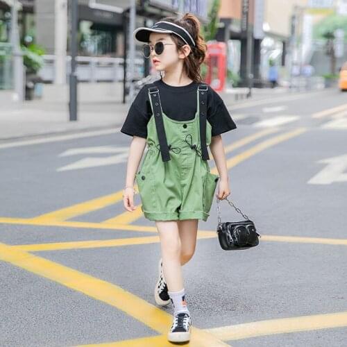 4-12 Years Girl Sets Casual Korean Short-sleeved T-shirt Strap Shorts For Girl Summer Big Girl Suits 2020 High Quality Girl 2pcs
