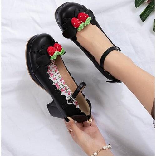 Princess Lolita Girls Mary Janes Shoes Women Sweet Party Dress Cosplay Wedding Pumps Chunky Med Heels Strawberry Plus Size 34-48
