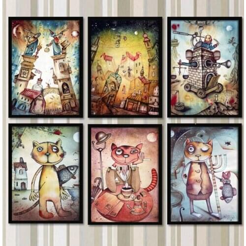 Pop Art Cat and Fish Nordic Cartoon Creative Hanging Painting Modern Canvas Painting Oil Painting Home Childrens Room Wall Art