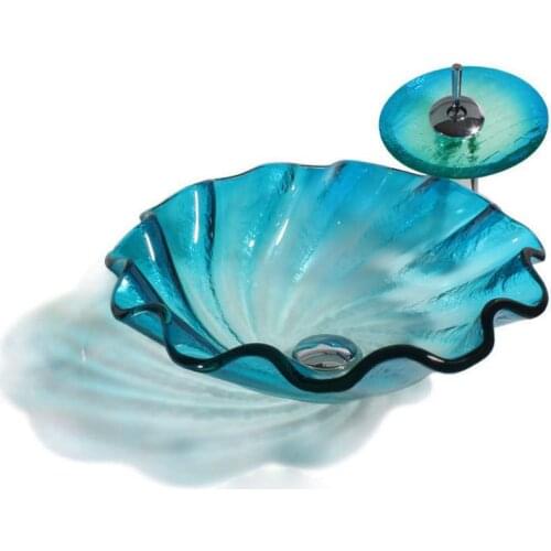 Bathroom Tempered Glass Vessel Sink flower shape - Sky Blue White Modern