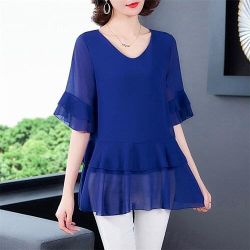 Plus Size Chiffon Shirt clothing M-6XL 7XL 8XL Women Half Flare Sleeves Ruffles Shirts Elegant Office Blouse Purple Black White