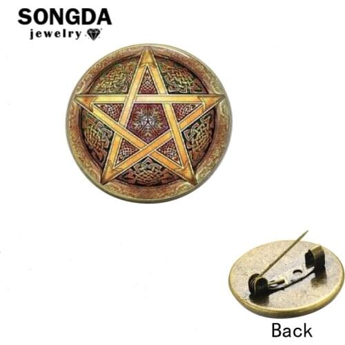 SONGDA Wicca Pentagram Lapel Pins Antique Supernatural Winchester Star Pentacle Glass Art Picture Brooch Talisman Movie Jewelry