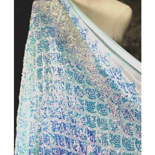 1Yard Light Blue Fish Scale Shape Golde Light Magic Color Sequins Fabrics For Wedding Dress Nigh Skirt Clothing Accessories L25