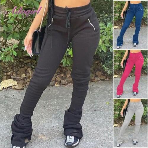 2020 Women Leggings Sweatpants Casual Solid High Waist Reched Bell Bottom Flare Stacked Pants Zipper Workout Streetwear Trousers