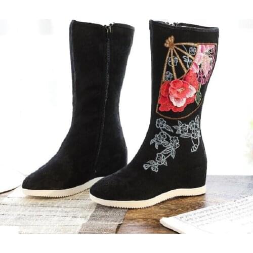 Winter New National Style Retro Height Increasing Embroider Flowers Cotton Fabric Women Long Knee-High Equestrian Boots 0623
