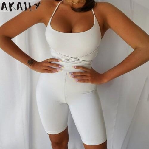 Akaily Streetwear Black Bodycon Rompers Womens Jumpsuit Summer White Slim Sleeveless Backless Bandage Female Romper Playsuits