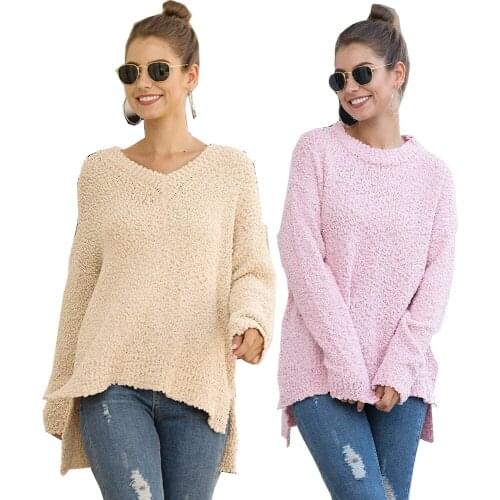 Womens Fuzzy Knitted Sweater Sherpa Fleece Side Slit Full Sleeve Jumper Outwears