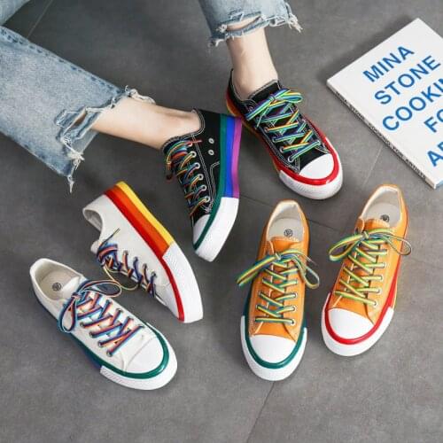 Women Designer Colorful Rainbow Canvas Shoes Harajuku Yellow Sneakers New Casual Fashion Black White Flat Platform Sneakers 2020