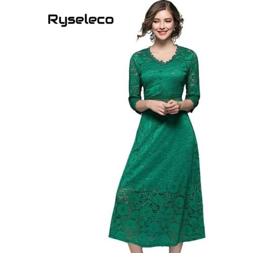 Ryseleco New Hollow Out Stitching Lace Dress Women Work Casual V-Neck Party 2018 Elegant Quality Chic Long Flare Floral Vestidos