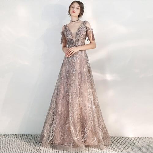 2020 Sexy V-neck Women Formal Evening Dresses Luxury Sequins Beaded A-line Party Prom Gowns Noble Floor-length Host Dress