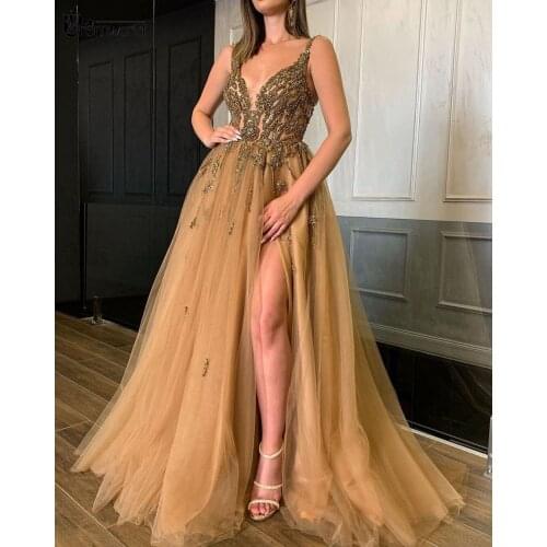 Gold Crystal Beading Evening Gowns Robes De Soirée A-Line Tulle V-Neck High Slit Sexy Formal Prom Dresses 2021
