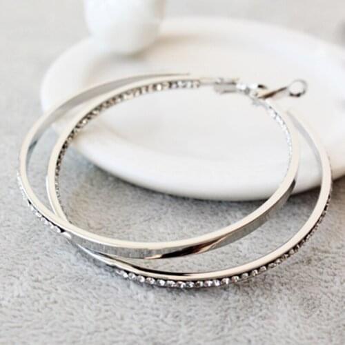 1 Pair Stering real Silver 30-80mm Fashion Elegant Round Crystal Big huge Hoop Earrings Women Party Earrings Women Jewelry