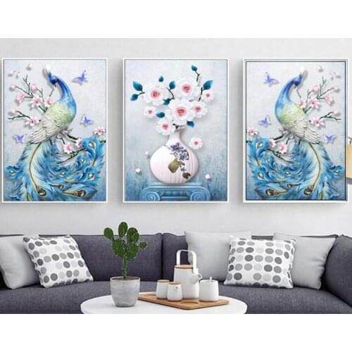 Diy 3 pcs,Diamond Embroidery,Blue peacock vase,5D,Diamond Painting Cross Stitch,3D picture,Diamond Mosaic,home Decoration Z427