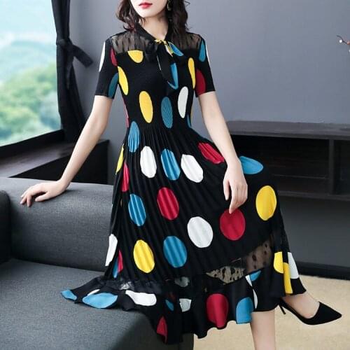 Large Size High-End Temperament Womens Clothing 2021 Summer New Bow Fashion Hollow Out Noble Lady Polka Dot Dress Midi zh937