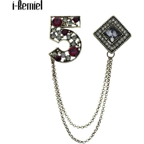 Retro 5 Brooches Jewelry Badge Square Crystal Rhinestone Corsage Tassel Chain Men and Women Suit Collar Pin Fashion Accessories