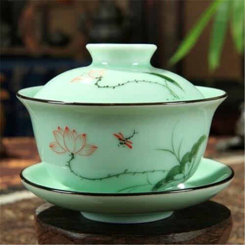 Household Chinese Celadon Gaiwan Tea Set Kung Fu Hand Painted Gaiwan Mountain River Print Fish Caving Tureen Saucer 170ML