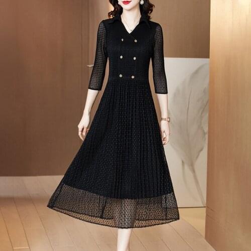 Black Lace Dress For Women 45-75kg 2021 Spring New Turn Down Collar Three Quarter Sleeves Stretch Slim Miyake Pleated Clothes