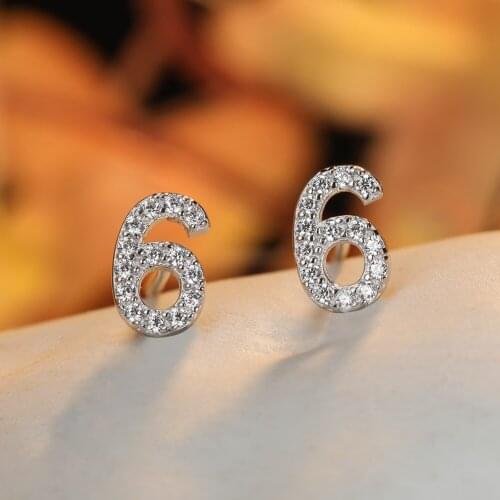 Creative Number Stud Earrings For Women Minimalist Jewelry White Crystal Zircon Earrings 925 Sterling Silver Simple Fashion Stud